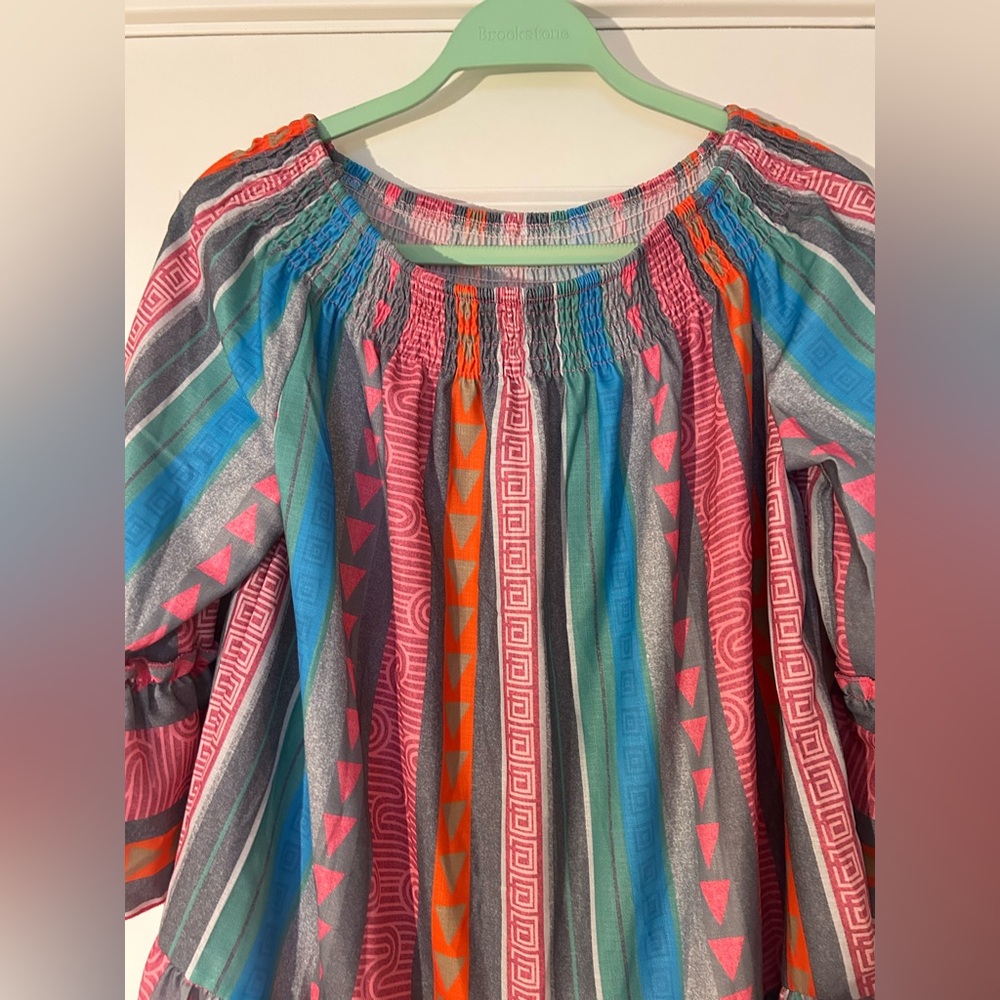 Multi-color, Off-the-shoulder, Tiered dress with a Ruffled Hem and Sleeves - Picture 5 of 9